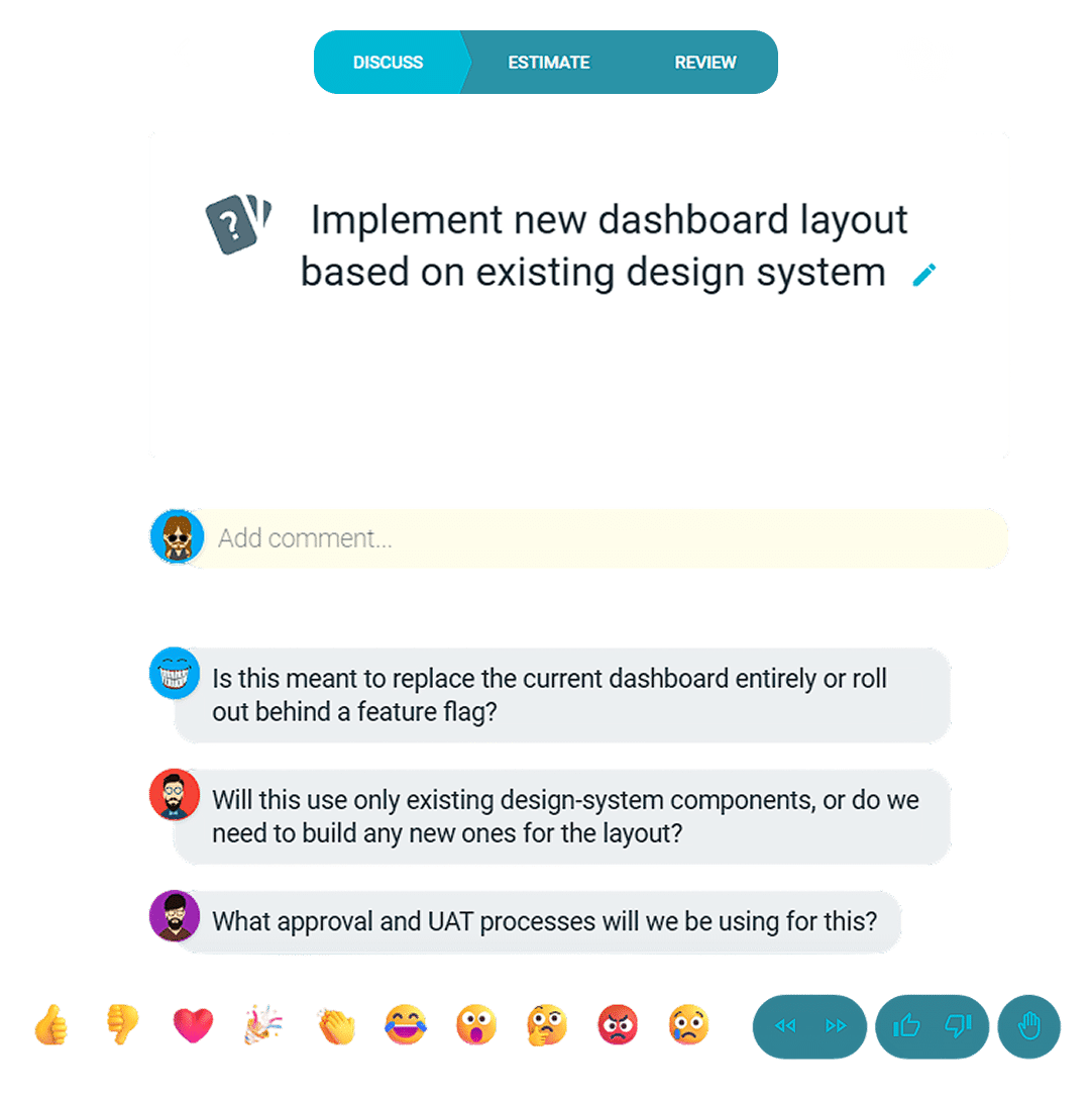 Besprecht agile Story-Point-Schätzungen in TeamRetro online TeamRetro agile Schätzungsdiskussionsboard mit Vergleich von Story Points