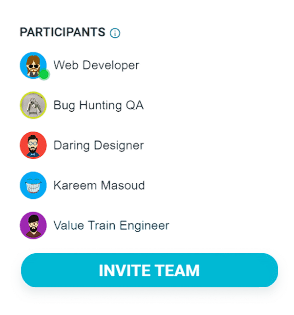 Lade Teilnehmer zur agilen Schätzung in TeamRetro ein Bildschirm zum Einladen von Teilnehmern zur agilen Schätzungssitzung in TeamRetro