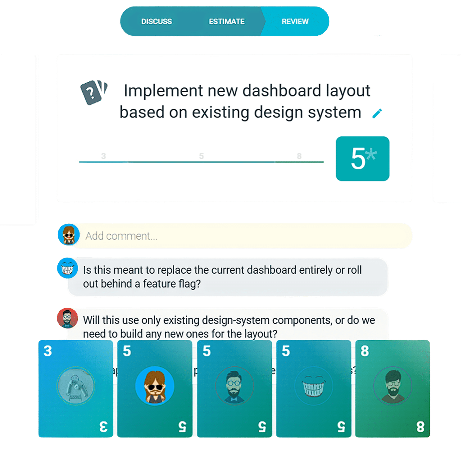 Überprüfe Team-Schätzungen ganz einfach mit TeamRetro online Überprüfe Team-Schätzungsergebnisse in der agilen Planungsansicht von TeamRetro